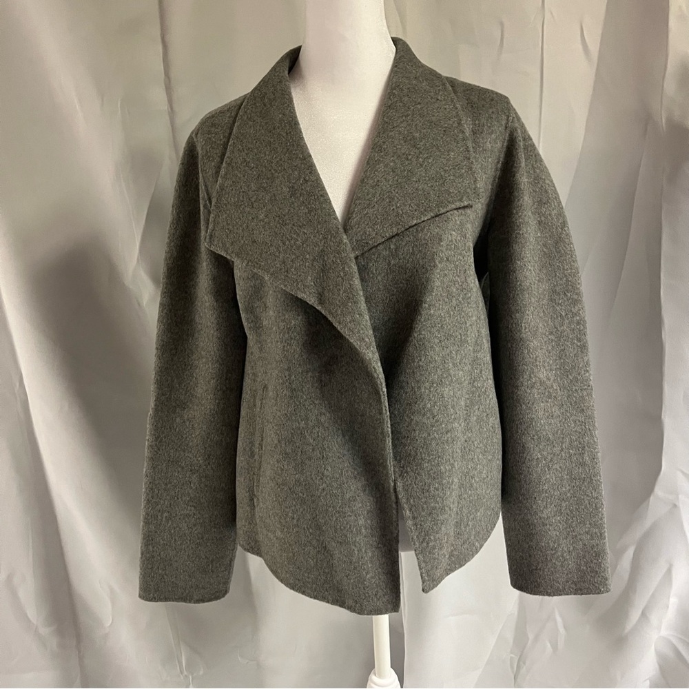 Talbots Gray Wool Blend Open Front Cardigan-Jacket L Cozy Office Granny Core